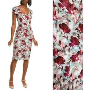 Black Halo Amelie Botanic Blast Abstract Watercolor Floral Print Sheath Dress 0‎